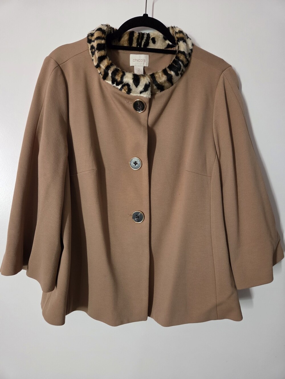 Chico's Camel Cape Swing Coat with Leopard Trim Collar